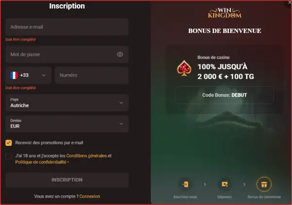 L'inscription chez WinKingdom Casino FR